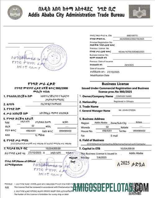 Licença comercial realista da Etiópia Adis Abeba Word e modelo PDF